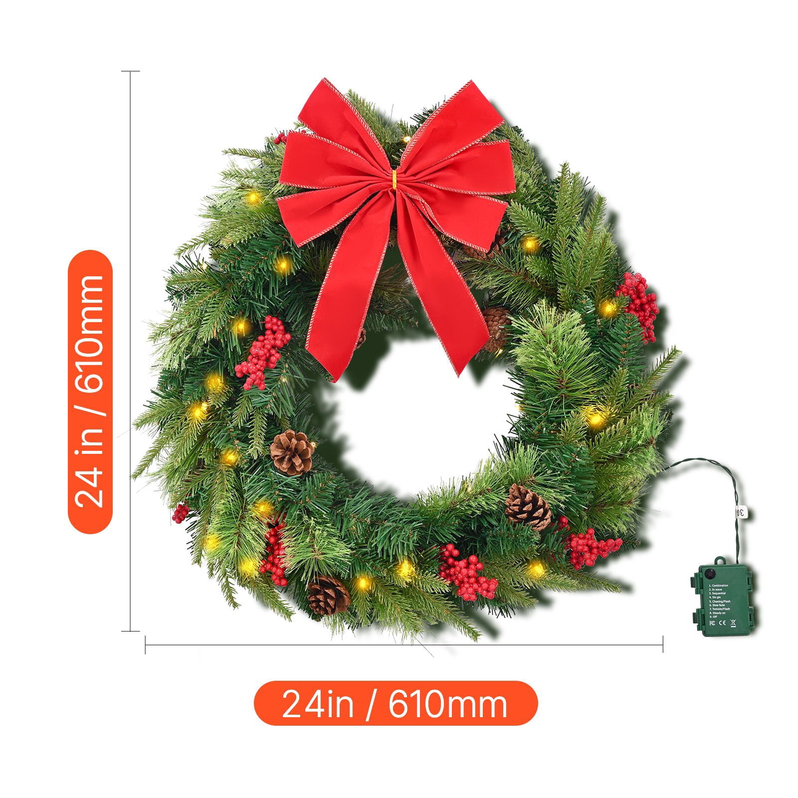 Christmas Wreath, 24 Inches Pre-Lit Artificial Christmas Wreath with 50 LED Lights and Timer, Decorated with Pine Cones, Red Berry Clusters, Holly Leaves, Suitable for Fireplace Door Window