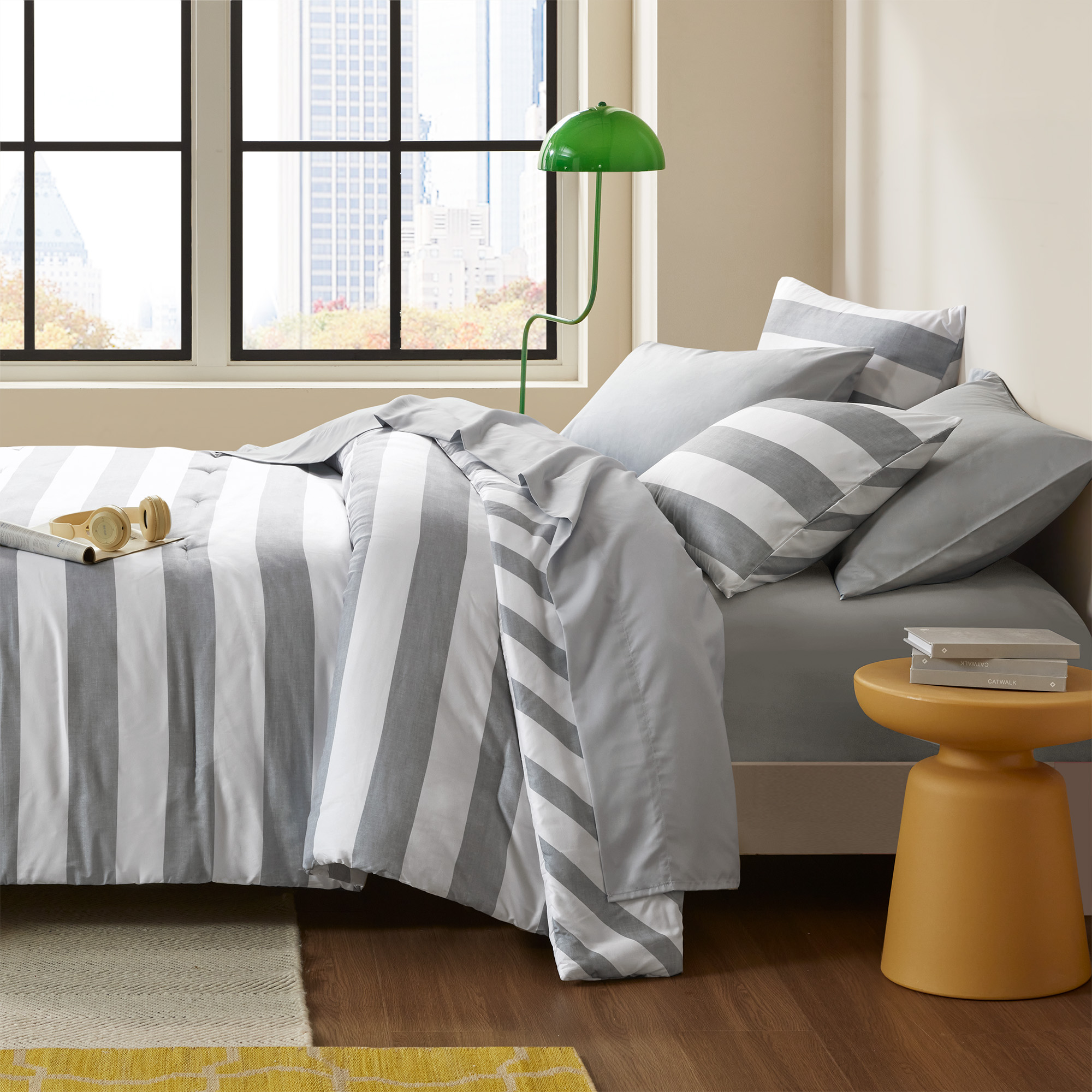 Regency Heights Essential Full Size Comforter Sets, 7-Piece Bed in a Bag Full, Reversible Striped Comforter Bed Set with Sheets, Grey