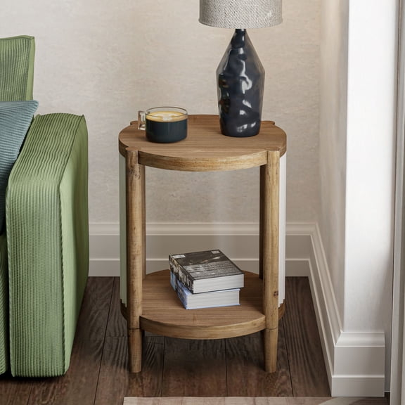 COZAYH Modern Farmhouse Round End Table with Solid Fir Wood Legs, Fluted White Panels Accent Side Table with Open Shelf for Living Room, Bedroom, Small Spaces, Bedside Table, White and Natural Wood