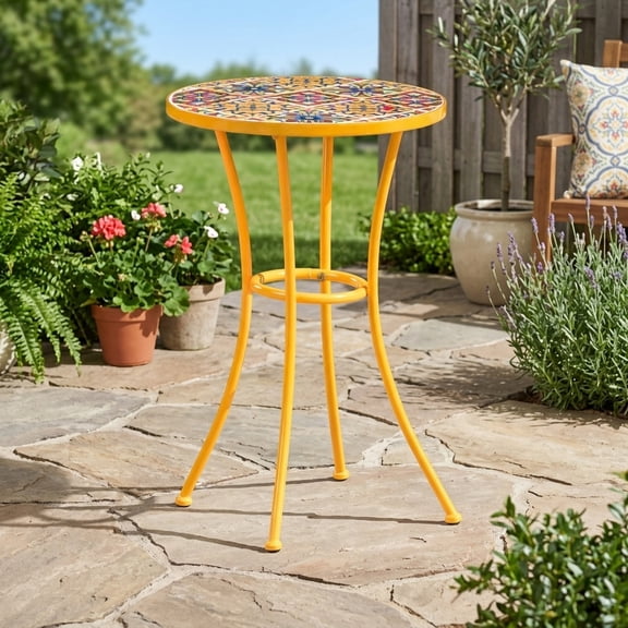 Yellow Outdoor Side Table with Mosaic Tile Top and Metal Legs - Patio Accent Table
