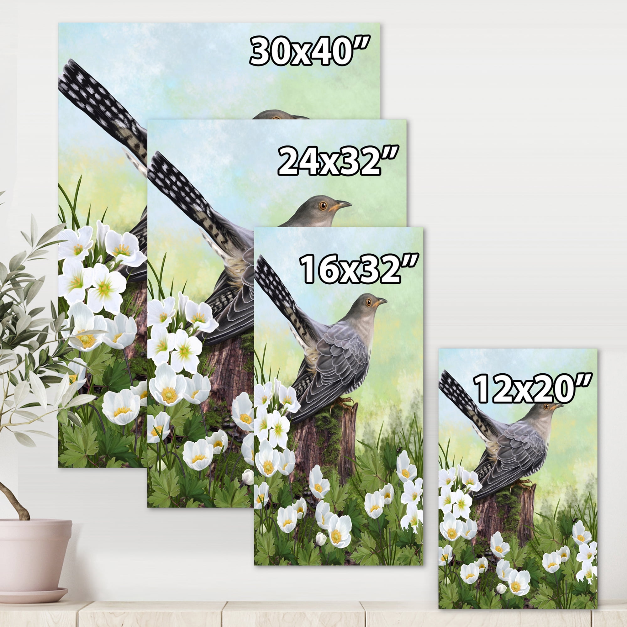 Cuckoo Bird On An Old Stump and White Flowers 30 in x 40 in Painting Canvas Art Print, by Designart
