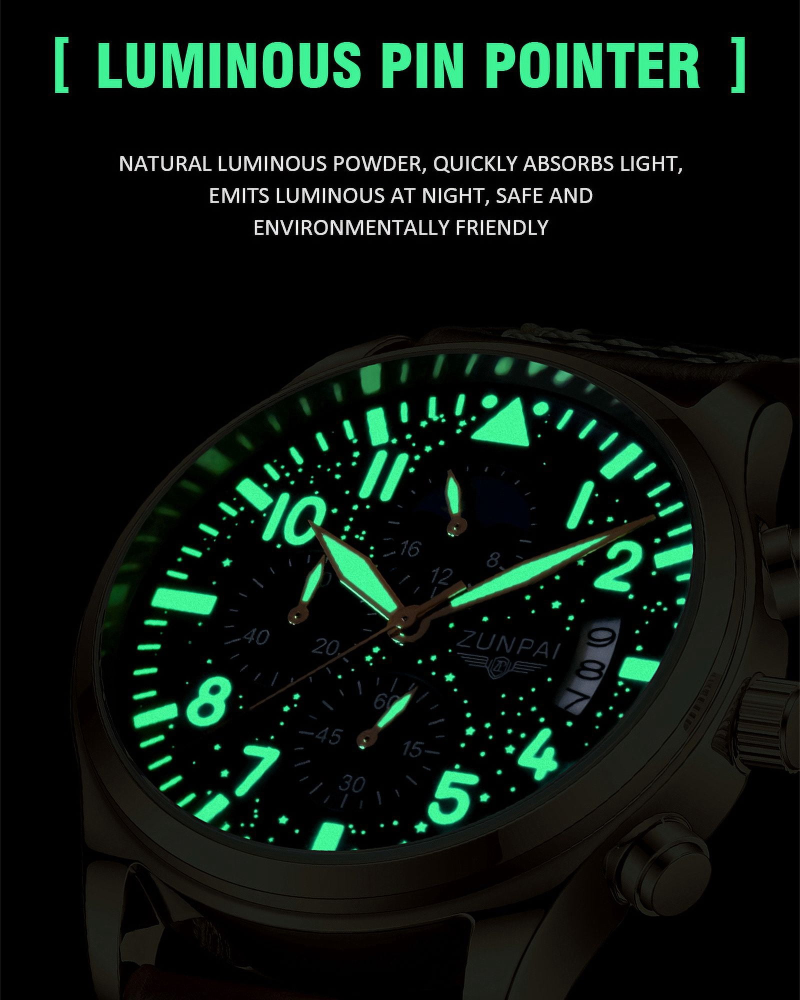 ZUNPAI Watches for men Chronograph Quartz Watch with Luminous Calendar Analog Dial Waterproof Leather Strap Sport Fashion Wristwatch