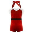 thumbnail image 5 of TiaoBug Kids Girls Dance Leotard Christmas Santa Claus Elf Costume Open Back Velvet Shorts Bodysuit with Belt Red 10, 5 of 7