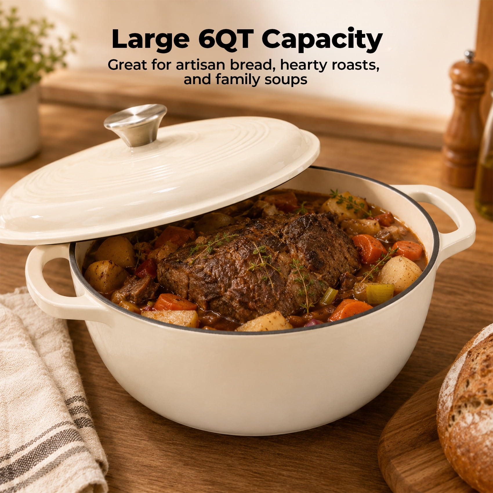 Alvantor Enameled Cast Iron Dutch Oven Pot with Lid-6Quart Non Stick Casserole Pot-Heavy Duty & Oven Safe up to 500° F for Bread Baking, Braising, Stews, Roasting