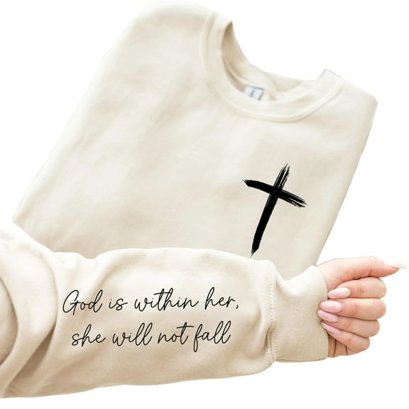 God Is Within Her Sweatshirt – Christian Cross Graphic Sweater with Quote on Sleeve, Faith Bible Verse Pullover for Women