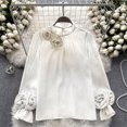 thumbnail image 2 of Women's Loose Fit Round Neck Long Sleeve Chiffon Blouse Shirt Comfy Flowy Dressy Work Office Outfits Casual Daily Wear | CSEONE,White Free Size, 2 of 7