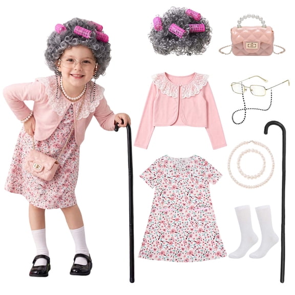 Old Lady Costume Set Girls 100th Day of School Costume Granny Outfit Dress Up for Halloween Cosplay Party (Girls)