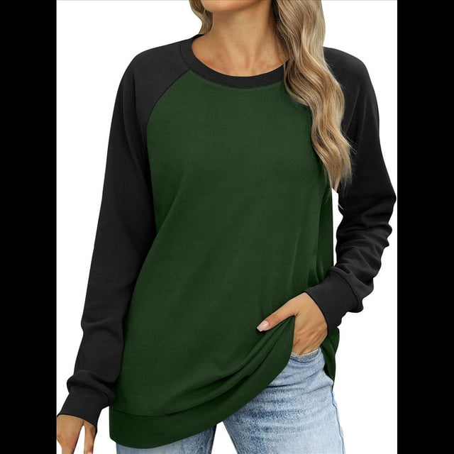 Sudadera Ligera de Larga con Cuello Redondo y Diseño Raglán con Bloques de Color para Mujer Verde Oscuro XL