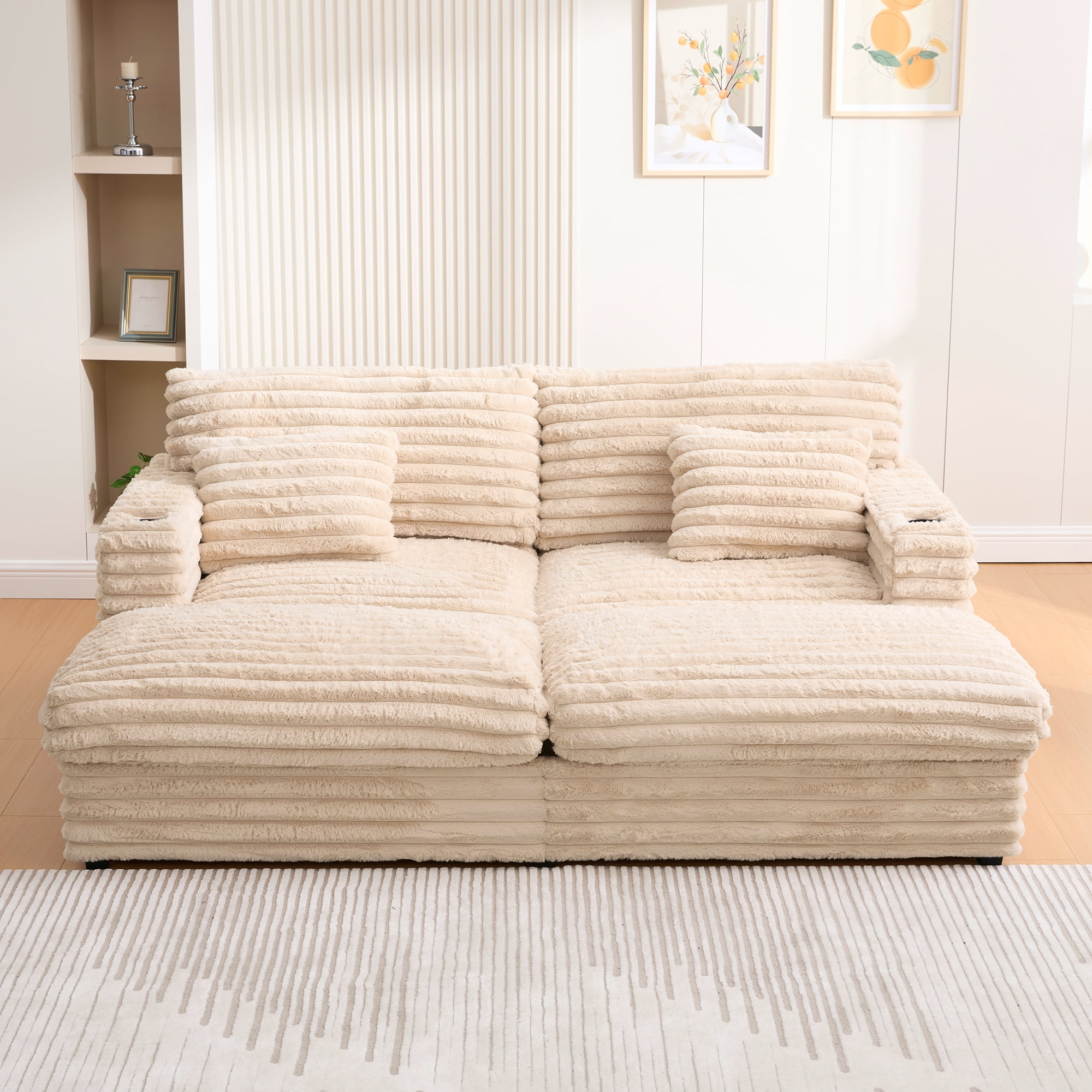Euroco Oversized Double Chaise Lounge Sofa 83.5" Sofa Bed Cloud Couch Plush Upholstered Sleeper Sofa Daybed with Two Supportive Pillows, USB Ports and Cup Holders for Living Room, Champagne
