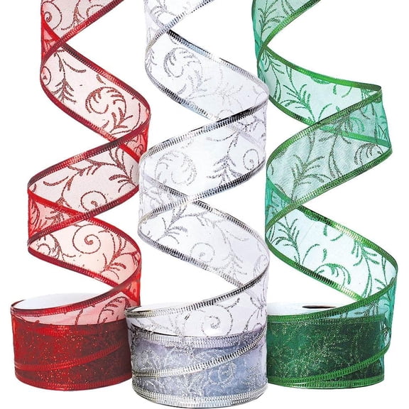 Christmas Ribbon for Gift Wrapping Ribbons Wired 1.5 Inch Set of Ribbon Wire Red Green Silver/White Sheer Organza Glitter Gift Wrap Xmas Tree Decoration Holiday Craft Gifts 30 Yards / 10 Yard roll
