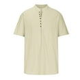 thumbnail image 3 of Dagegui Mens Cotton Linen Shirts Short Sleeve V Neck Henley Shirt Solid Color T-Shirts Lightweight Pullover Tops Casual Outdoor Vacation Travel Tees Beige,S, 3 of 5