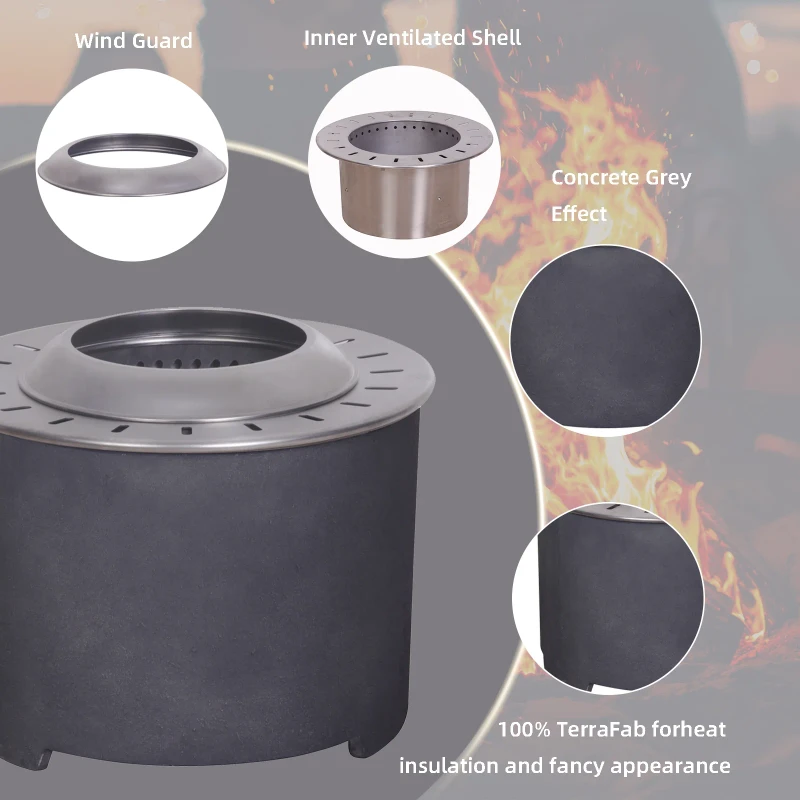 Afterglow Smokeless Fire Pit, 20.5" Round Wood Burning Stainless Steel Top & TerraFab Base, Firepit with Weather Cover Perfect for Outdoor Patio Garden, Dark Grey