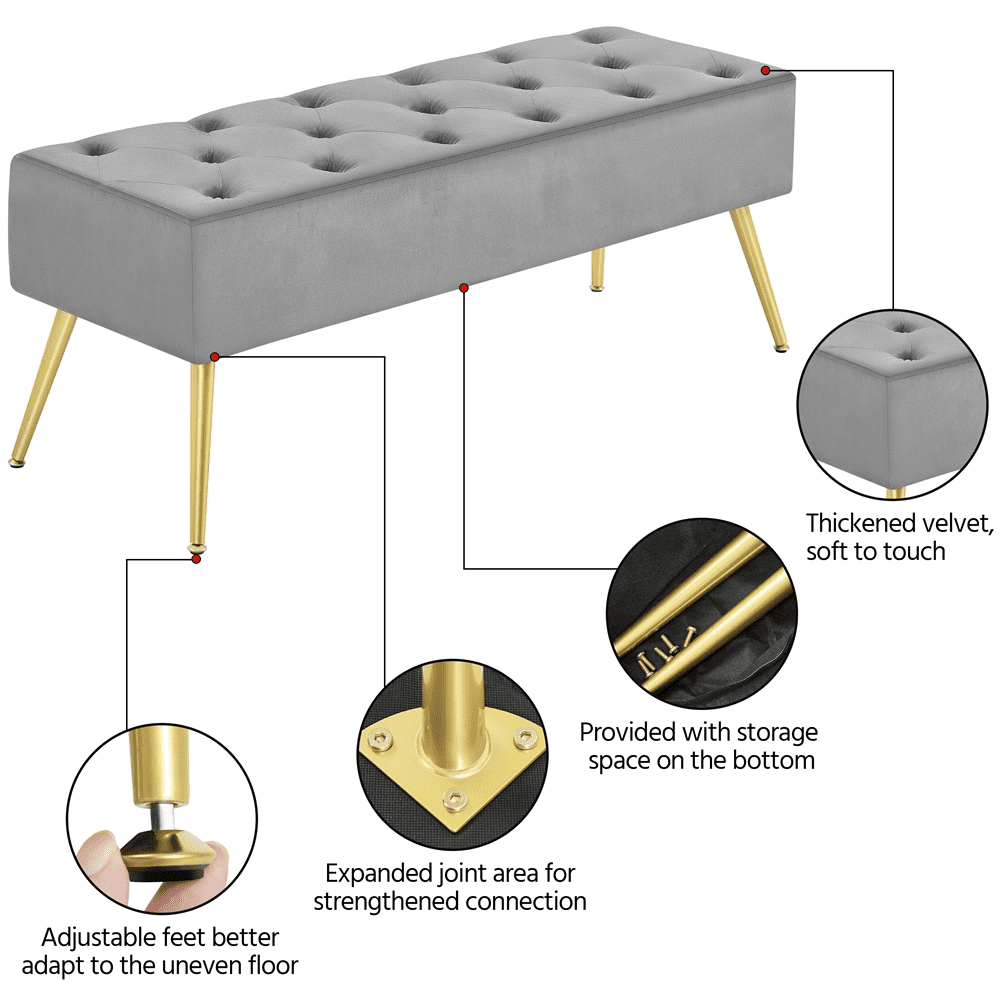 Yaheetech Modern Velvet Bench Upholstered Ottoman Footrest Stool Button Tufted with Gold Metal Legs, Gray
