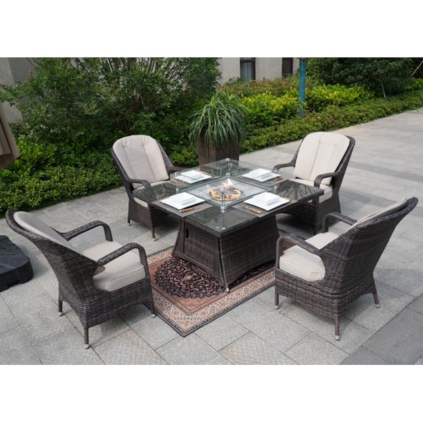 Direct Wicker 4 Seat Square Gas Fire Pit Dining Table with Rattan Chair