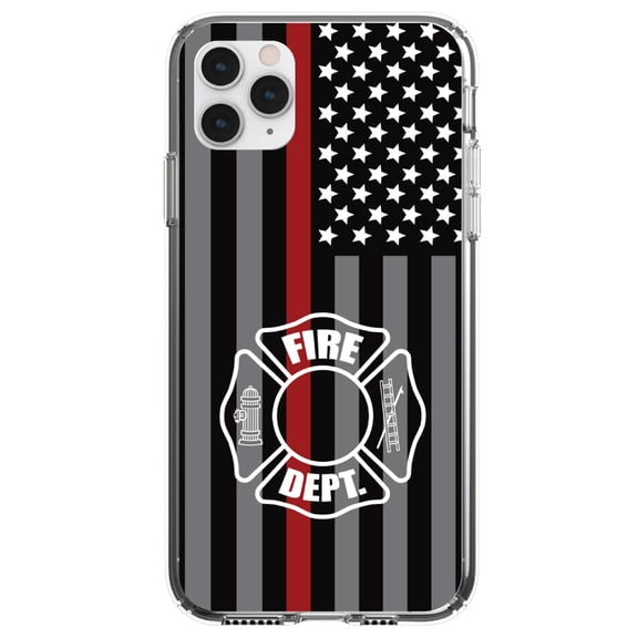 DistinctInk Clear Shockproof Hybrid Case for iPhone 13 (6.1" Screen) - TPU Bumper, Acrylic Back, Tempered Glass Screen Protector - FD Thin Red Line Maltese Cross - First Responders