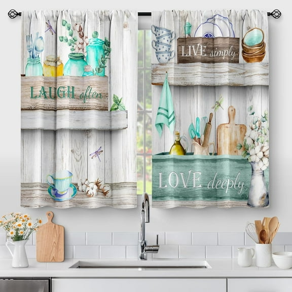 Teal Wood Kitchen Curtains - Rustic Wooden Country Farmhouse Small Short Cafe Tier Curtains Western Decor for Living Dining Room Rod Pocket Window Drapes 36 Inch Length 2 Panels 28"x36"