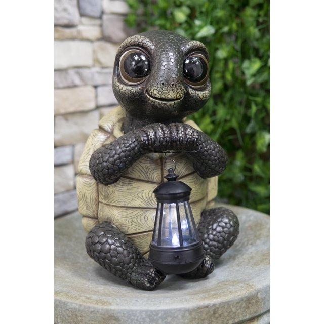 Ebros Gift Adorable Baby Turtle Tortoise Holding Solar Lantern Garden Path Lighter Statue