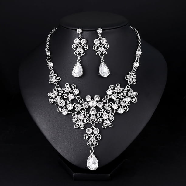 HomeKingdee Fashion Butterfly White Rhinestone Glass Flower Necklace and Earrings Set - Alloy Jewelry for Women Wedding Party Bars Accessories