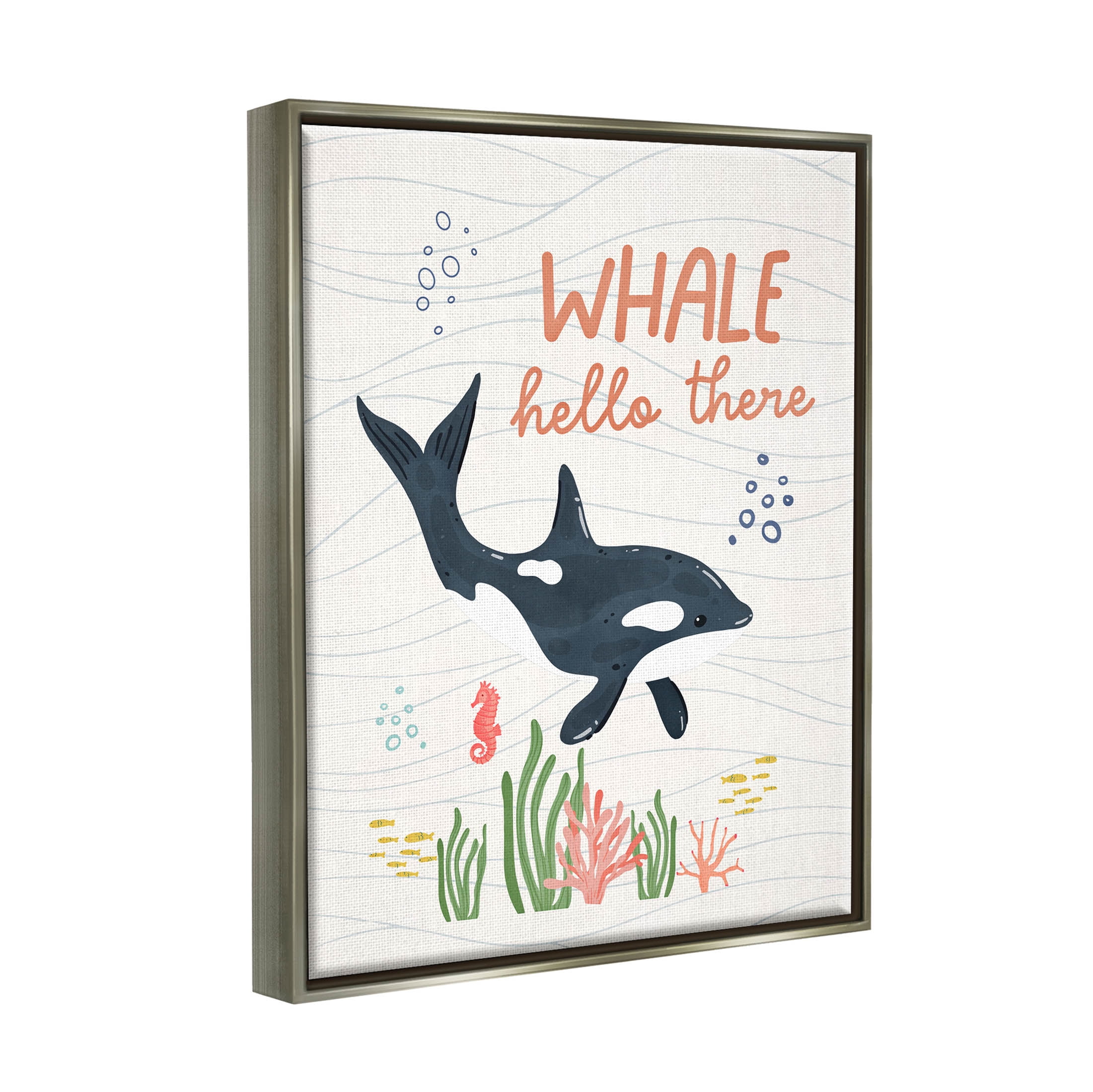Stupell Industries Whale Hello There Orca Graphic Art Luster Gray Floating Framed Canvas Print Wall Art, Design by Nina Blue