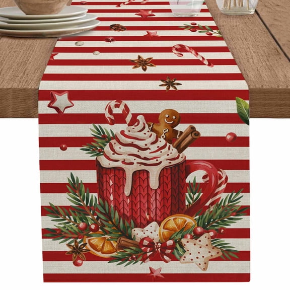 nqOlkjepod Christmas Table Runner 90 Inches Long Farmhouse Dress Scarves, Xmas Ice Cream Pine Leaves Red Beige Striped Dining Tablerunner for Coffee Table/Kitchen Island/Party Décor, 13" x 90"