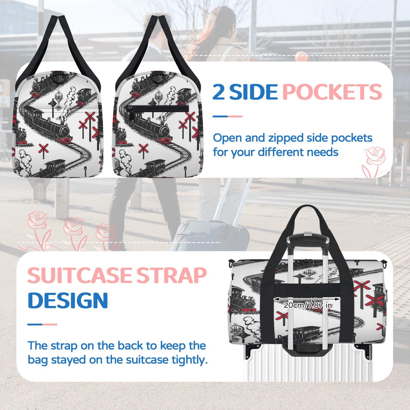 Herdesigns Cartoon Train Travel Duffle Bag Sports Yoga Weekender Overnight Carry on Workout Bags Lightweight Waterproof Gym Tote Bag for Women