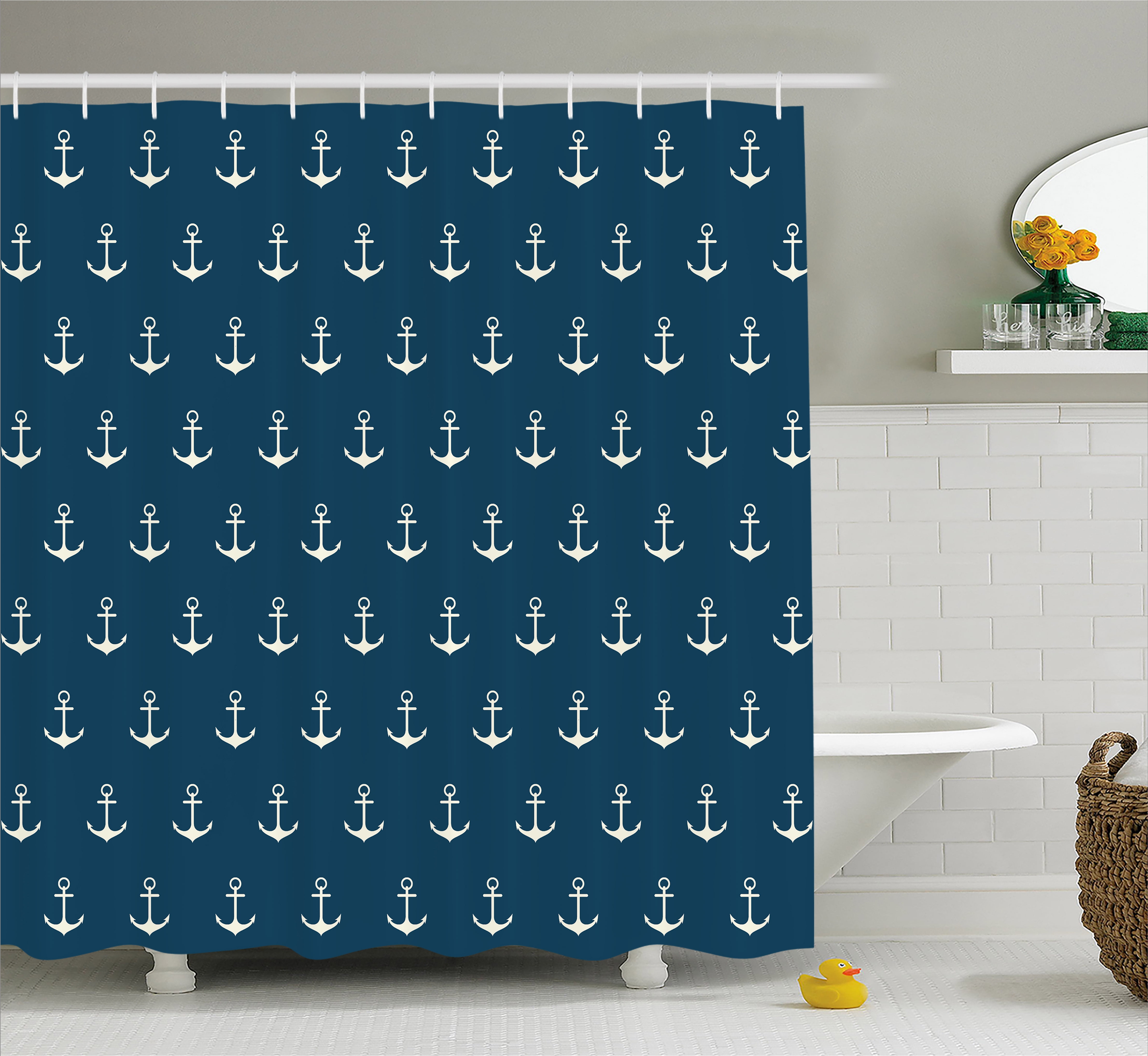 Anchor Shower Curtain, Nautical Pattern with Classic Colors and Anchors