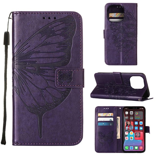 Funda con tapa TUNC para iPhone 11 Pro con tarjetero de piel sintética con relieve de mariposa - Púrpura oscuro