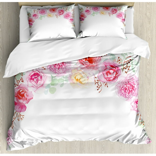 Shabby Chic Duvet Cover Set, Floral Wreath in Half Blossoming Romantic ...