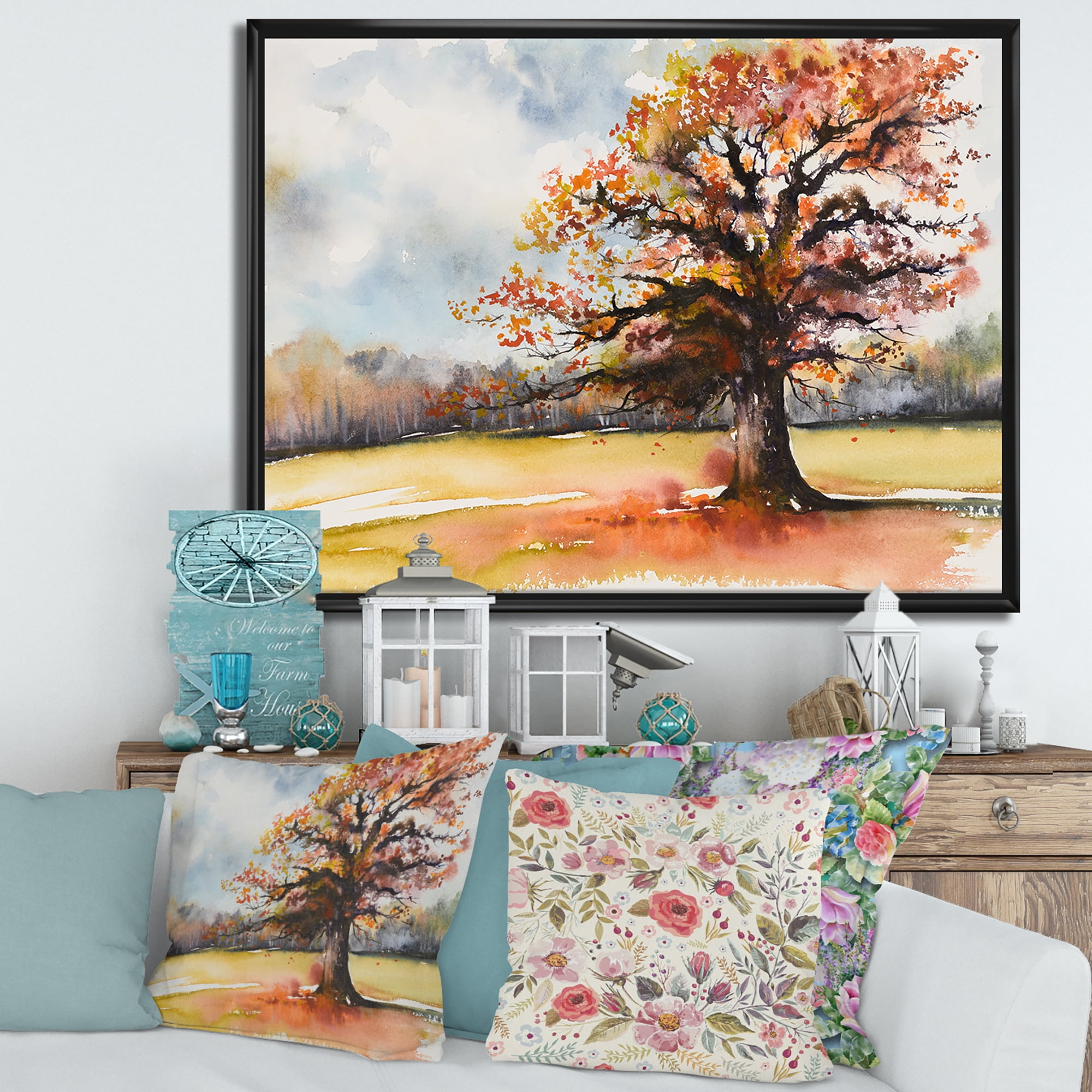 Designart 'Lone Oak Tree In The Fields With Autum Leaves' Traditional Framed Canvas Wall Art Print