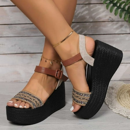 

AXXD Gold Wedge Sandals for Women 8.5 Summer Foreign Trade New Large Size One Line Buckle High Heel Sandals