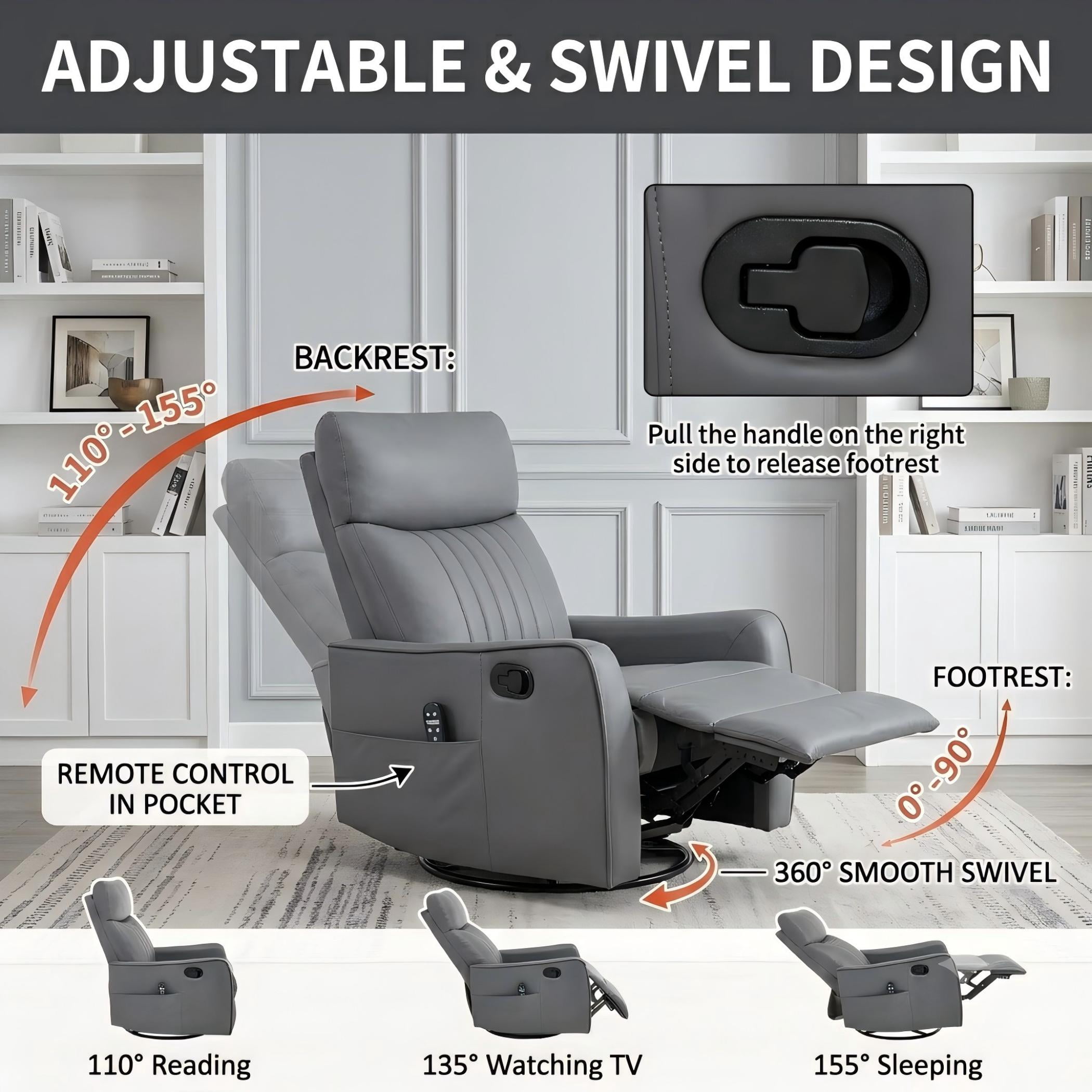 Aukfa Massage Recliner Chair with Heat, Faux Leather 360° Swivel Rocker Recliner, Overstuffed Manual Reclining Glider Chair with Vibration, Gray