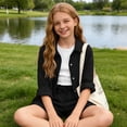 thumbnail image 5 of FAVIPT Outfits for Kids 2 Piece Sets Summer Long Sleeve Collared Button Shirts Drawstring Short Pants Casual Solid Sets Black,7 Years, 5 of 9
