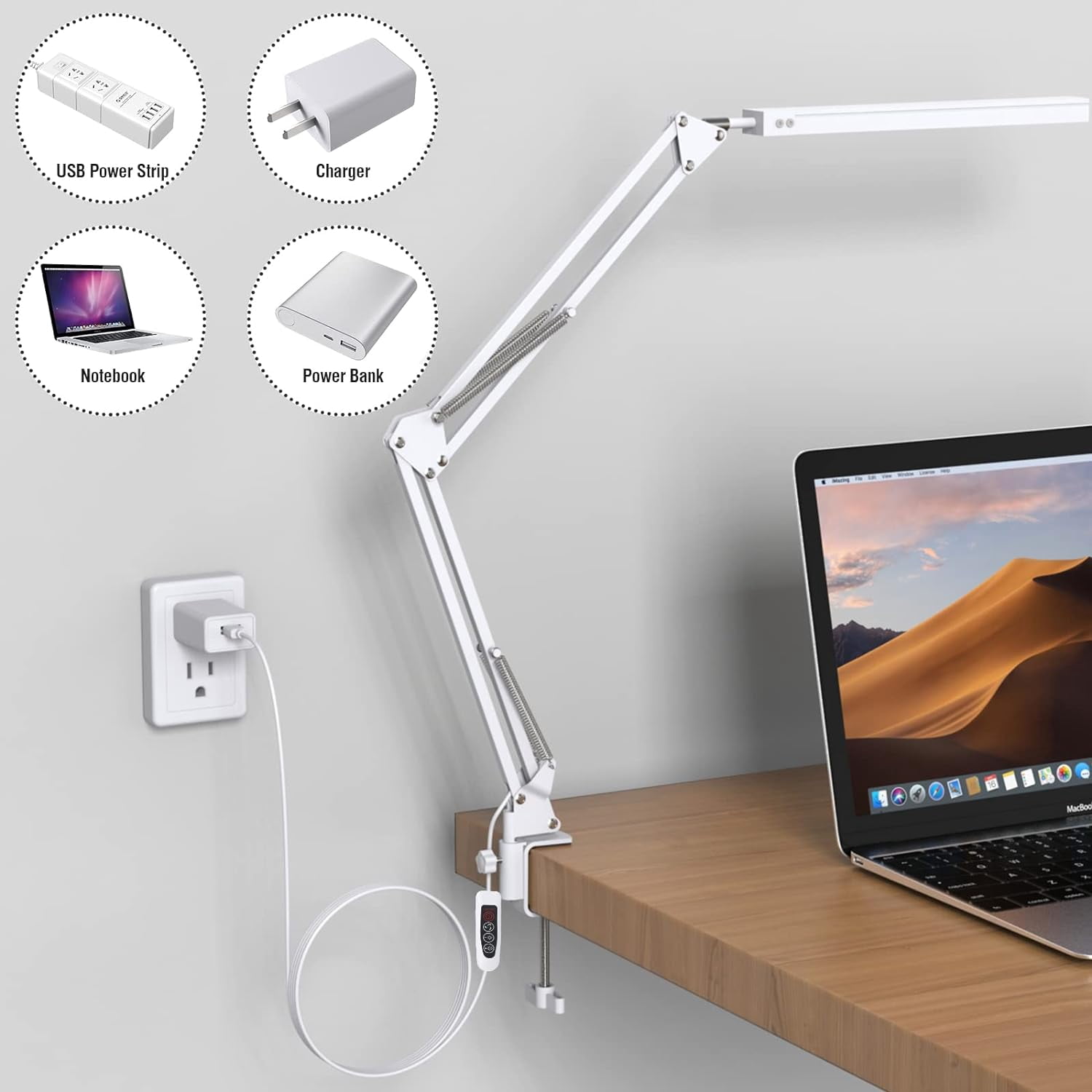 Jxr LED Desk Lamp, Swing arm Desk Light with clamp, 3 Lighting 10 Brightness Eye-Caring Modes, Reading Desk Lamps for Home Office 360 Degree Spin with USB Adapter & Memory Function