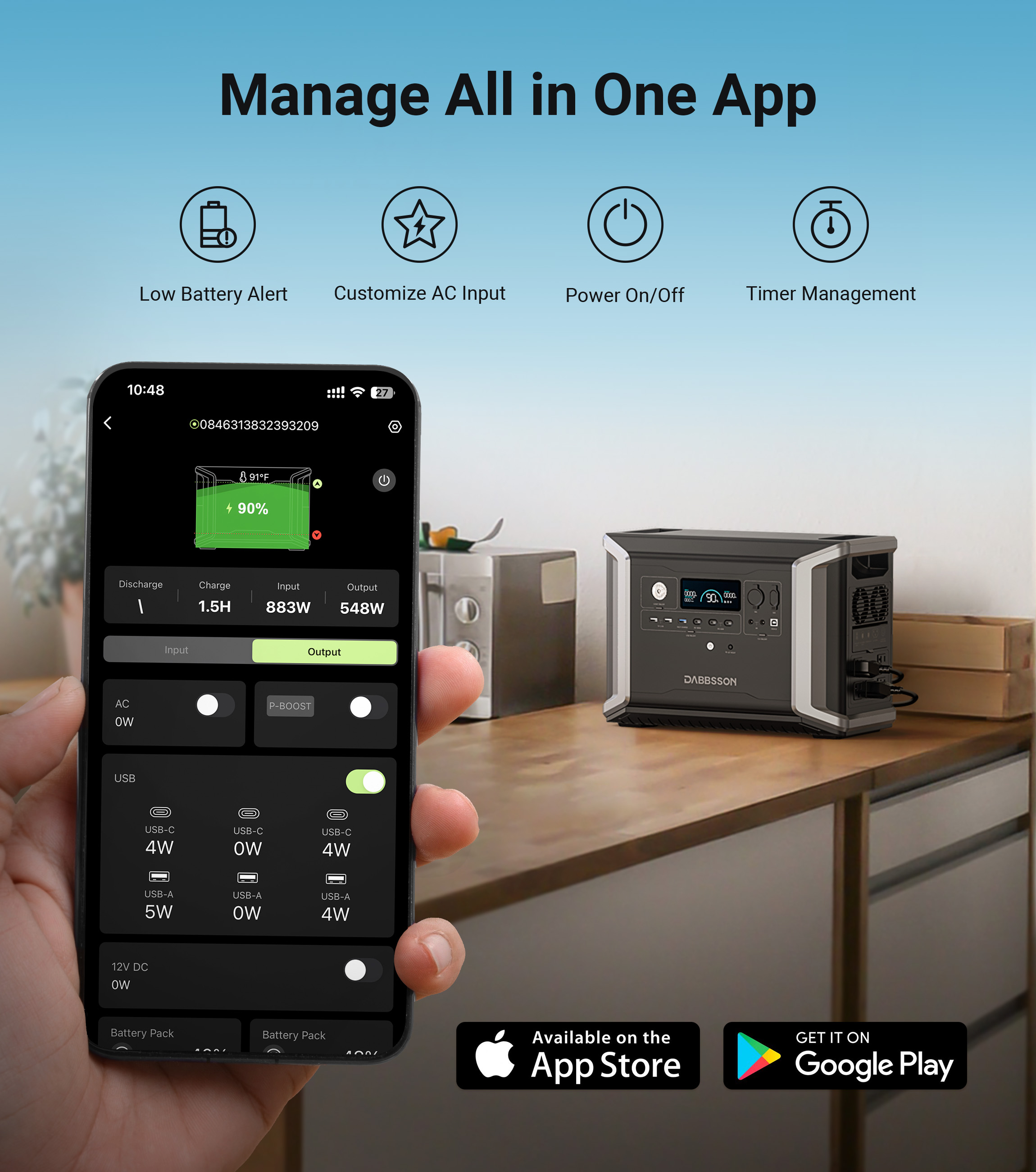 DABBSSON 5330Wh Power Station DBS2300 Plus +DBS3000B Expandable Battery 4xAC 2200W (Surge 4400W) LiFePO4 Battery for Home Backup