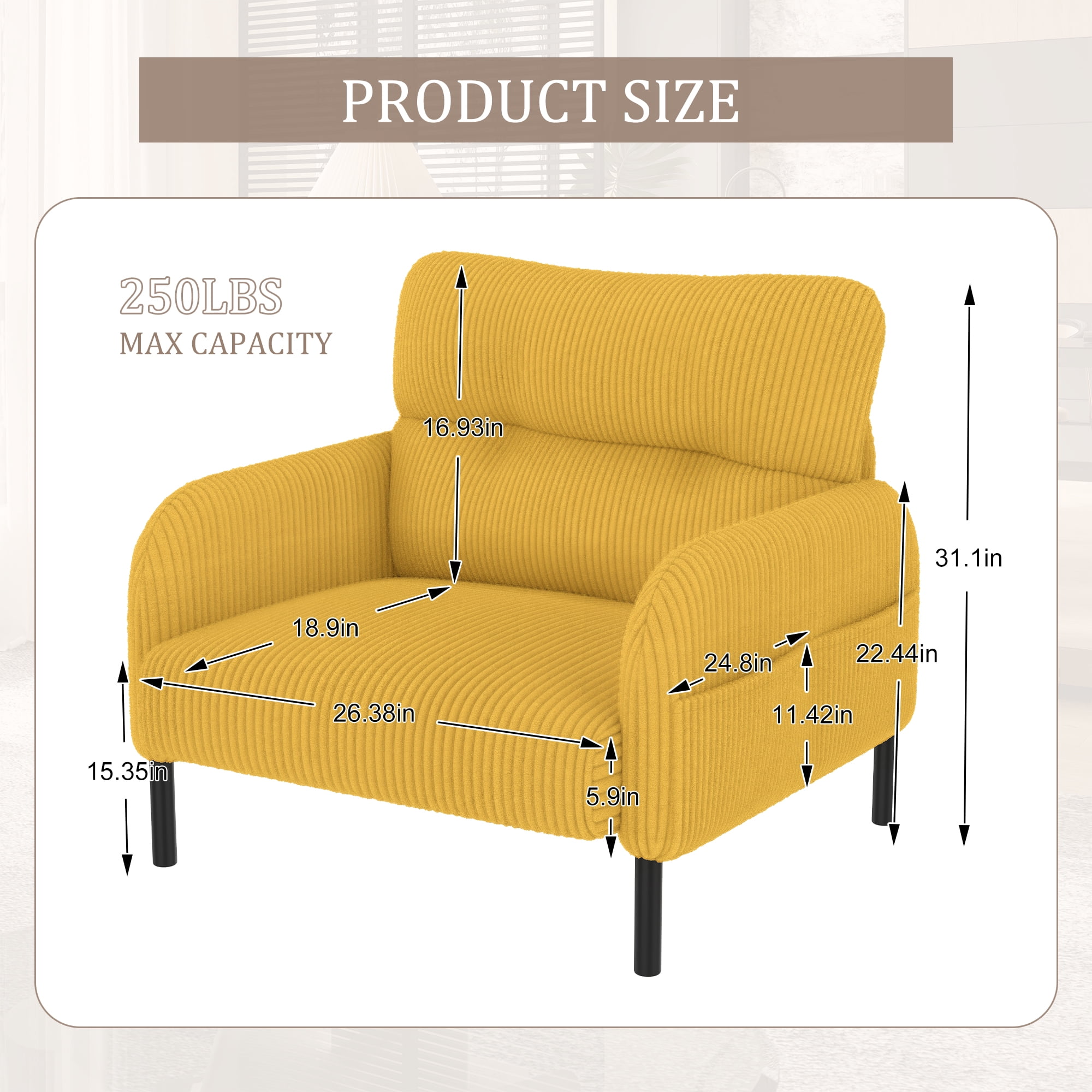 Modern Accent Chair,Armchair,Corduroy Fabric Sofa Chairs,Upholstered Armchair for Living Room,Bedroom,Office,Yellow