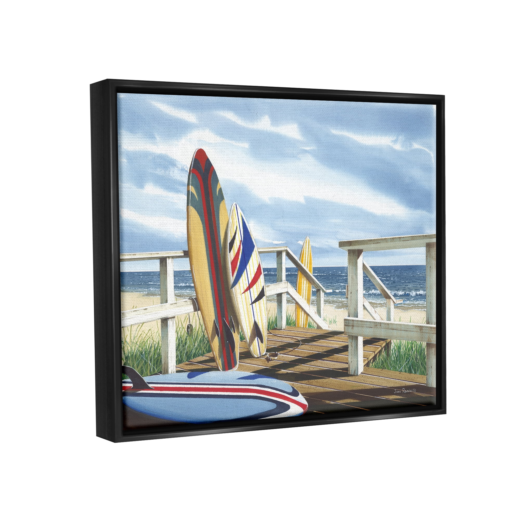 Stupell Industries Surfboards on Beach Deck Nature Painting Black Floater Framed Art Print Wall Art, 31 x 25