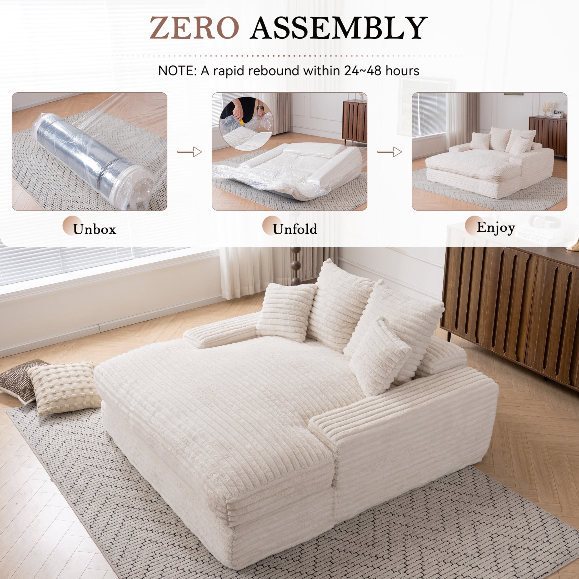 Noble House Heliox 68" Oversized Chaise Lounge Chair, Plush Corduroy Sleeper Sofa Bed with Removable Pillows, Beige