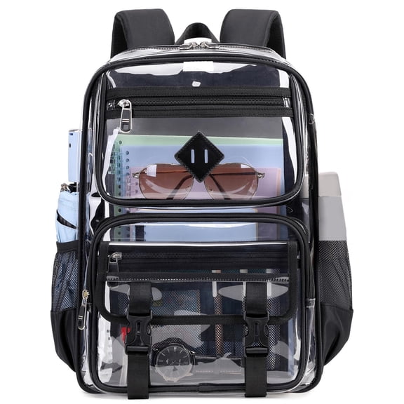 Dakimoe Clear Backpack for School, PVC Clear Bookbag Heavy Duty Transparent Bookbag for Stadium Events Multiple Pockets See Through Bag for Teens Women, Black