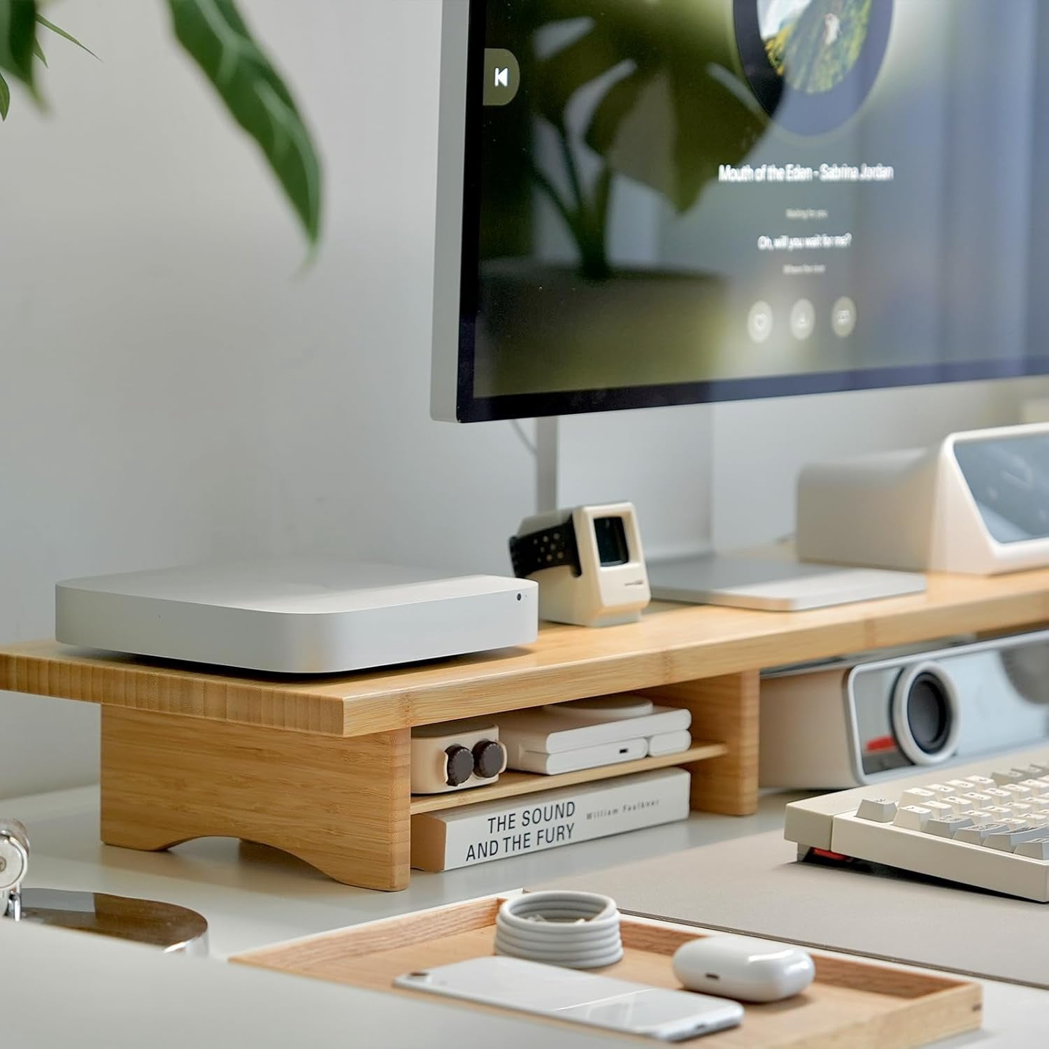 Dual Monitor Stand Riser, 2-Tier Bamboo Desk Shelf for Computer Monitors, Printer, and Heavy TV up to 300 lbs
