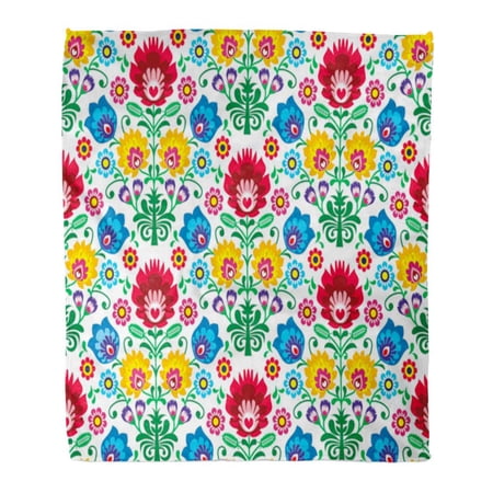 SIDONKU Throw Blanket Warm Cozy Print Flannel Colorful Folk Floral Polish Pattern Ethnic Green Retro European Poland Kaszuby Comfortable Soft for Bed Sofa and Couch 50x60 Inches