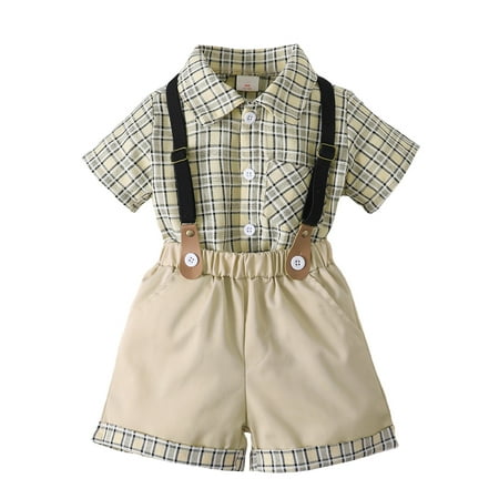 

KIMI BEAR Toddler Baby Boys Shorts Outfits 3T Boys Summer Clothing Set Casual Little Gentleman Lapel Plaid Short Sleeve Shirt Suspender Shorts 2PCs Set 3-4T Apricot