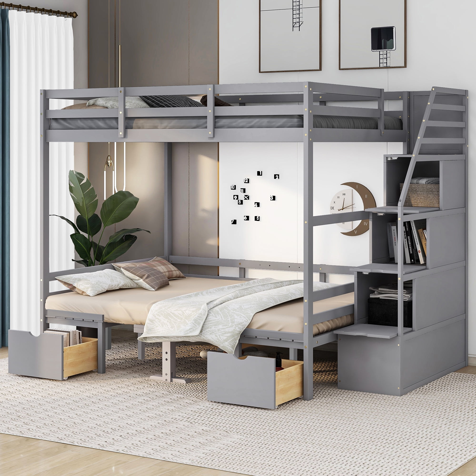 Full Over Full Convertible Bunk Bed with Staircase Down Bed