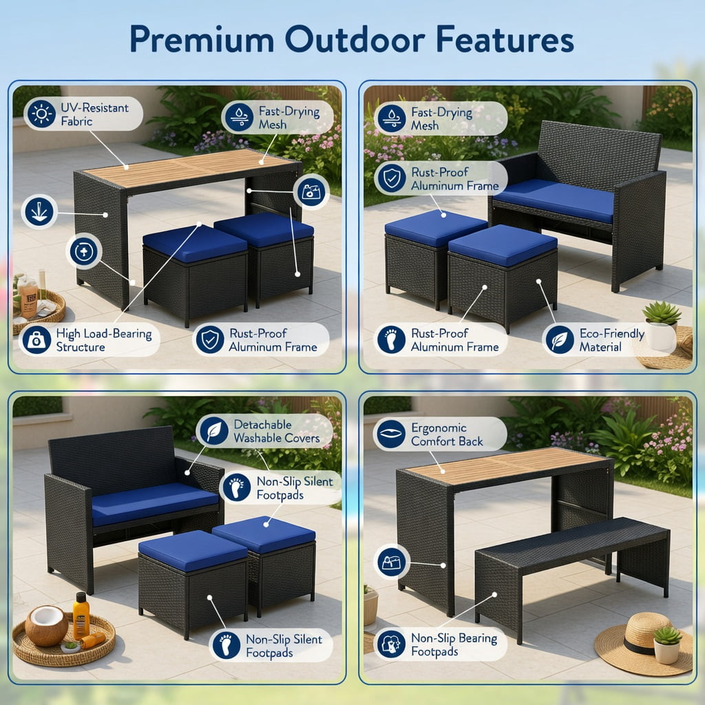 Hommoo 4-Piece Outdoor Dining Set, Acacia Wood Table, PE Rattan Loveseat & 2 Matching Ottomans for Patio, Backyard, Poolside, Navy