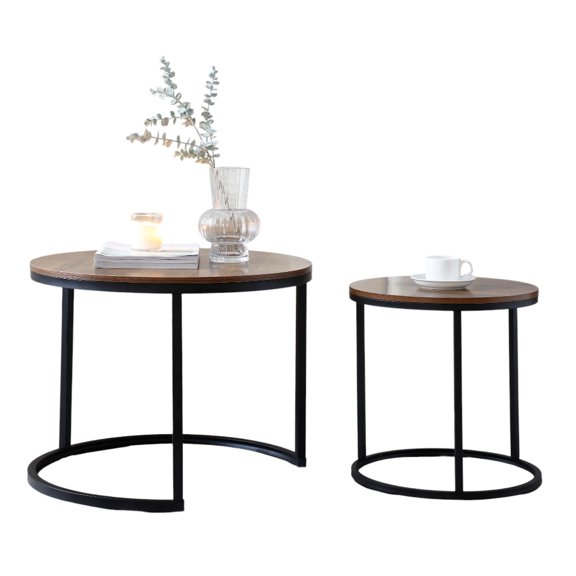 IVV 2-Piece Nesting Coffee Tables Set - Round Living Room Tables with Sturdy Metal Frame & MDF Top, Space-Saving Design - 23.6" & 15.7" Dia (Brown Black)