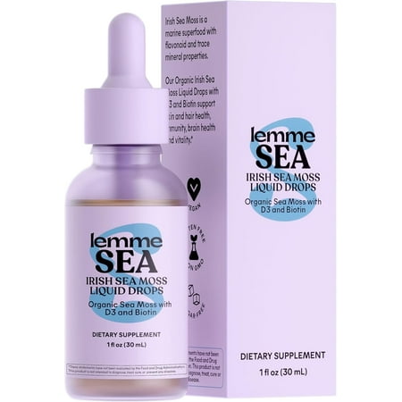 Lemme Irish Sea Moss Organic Liquid Drops with Vitamin D3 and Biotin for Trace Mineral Support, Immunity, Hair, Skin & Nails, Brain Health - Gluten & Sugar Free, Non GMO, 1 oz, 30 Servings