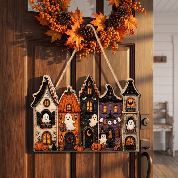 Racedeer Fall Halloween 2D Wooden Welcome Sign Ghost Castle Pumpkin House for Front Door Porch Yard Wall Hanging Decor