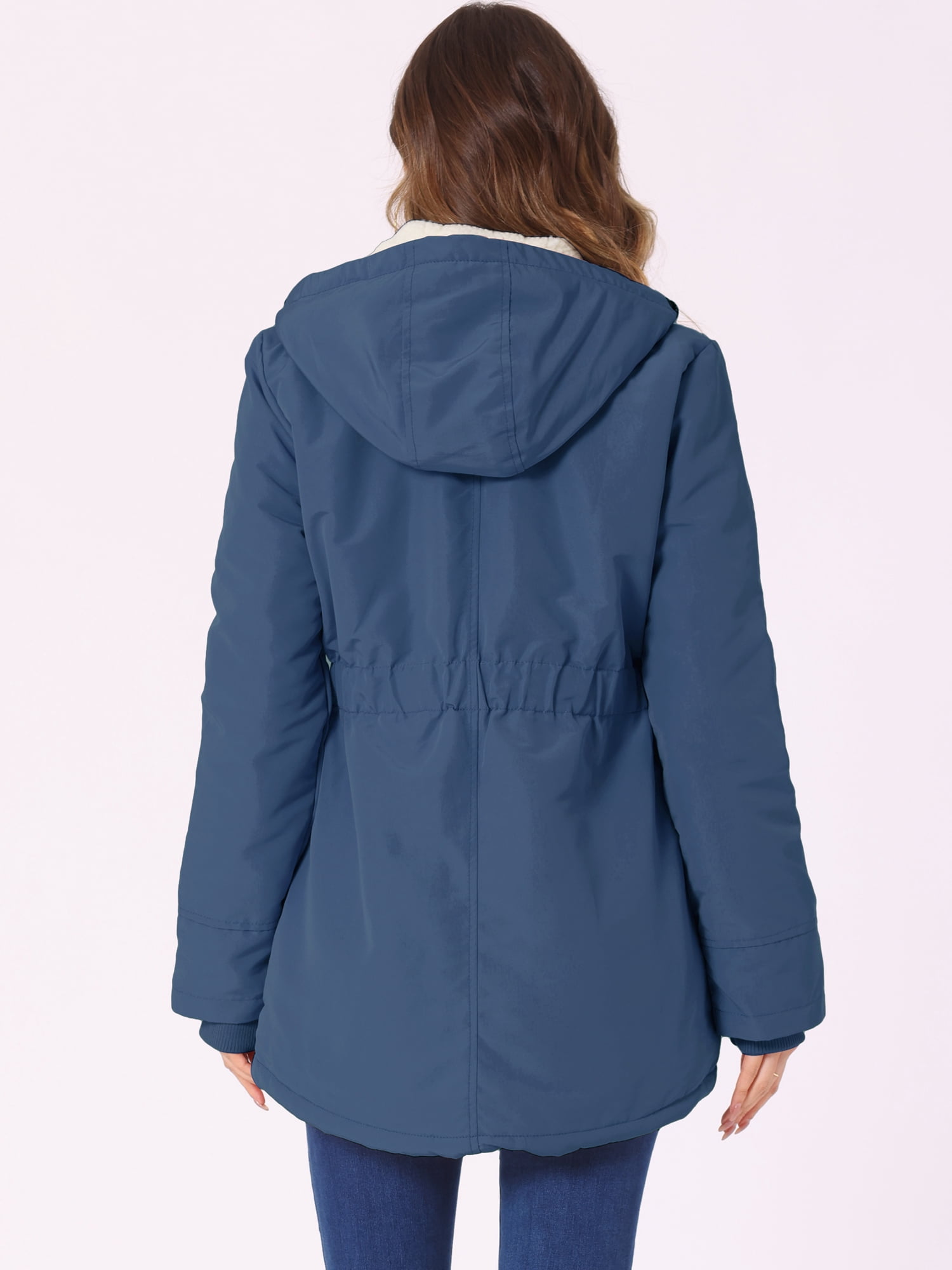 DARING DIVA Women's Winter Coat with Faux Fur Hood and Multiple Pockets M Navy Blue