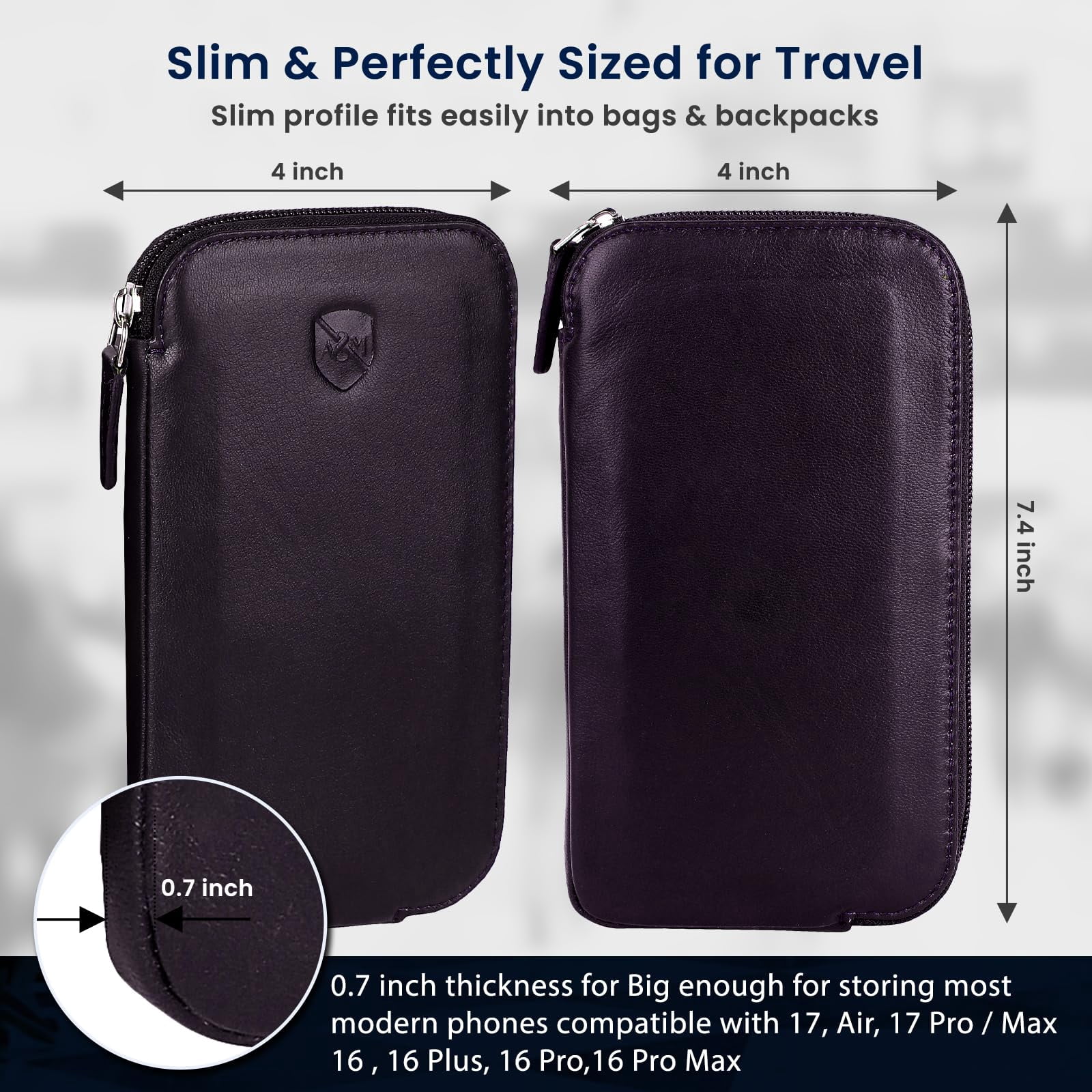 ALLEN & MATE Genuine Leather Phone Pouch Case Sleeve with Zip – Slim Mobile Phone Holder Wallet for Passport ID and Cards Fits iPhone 17 Pro Max, 16, 15 Samsung Galaxy S25 & Android - Brown