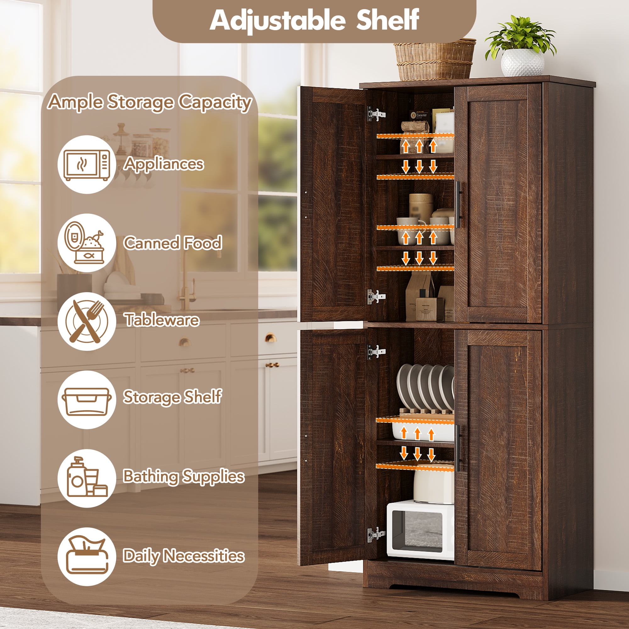 Modern Tall Freestanding Pantry Cabinet, Multipurpose Home Organizer – 70" Storage Cupboard with 4 Doors, Adjustable Shelves, Open Shelf – for Living Room, Bedroom, Bathroom – Brownish-red