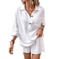 thumbnail image 2 of Tanghaowl Short Sets for Women, Casual Two Piece Pure Color Blend Short Sleeve Shirt And Shorts Outfit Women'S Shorts Suit 2-Piece Set White L, 2 of 9